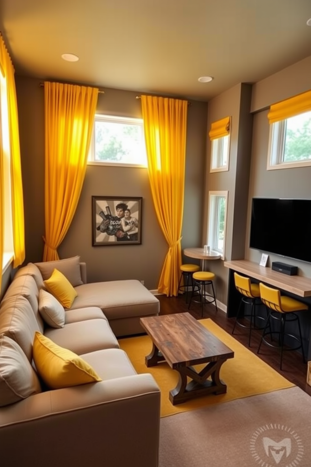 A cozy man cave featuring yellow curtains that enhance natural light streaming through the windows. The space includes a plush sectional sofa in a neutral tone, a rustic coffee table, and a large flat-screen TV mounted on the wall. The walls are painted a warm gray, providing a perfect backdrop for vibrant yellow accents throughout the room. A mini bar with high stools is positioned in one corner, creating an inviting atmosphere for relaxation and entertainment.