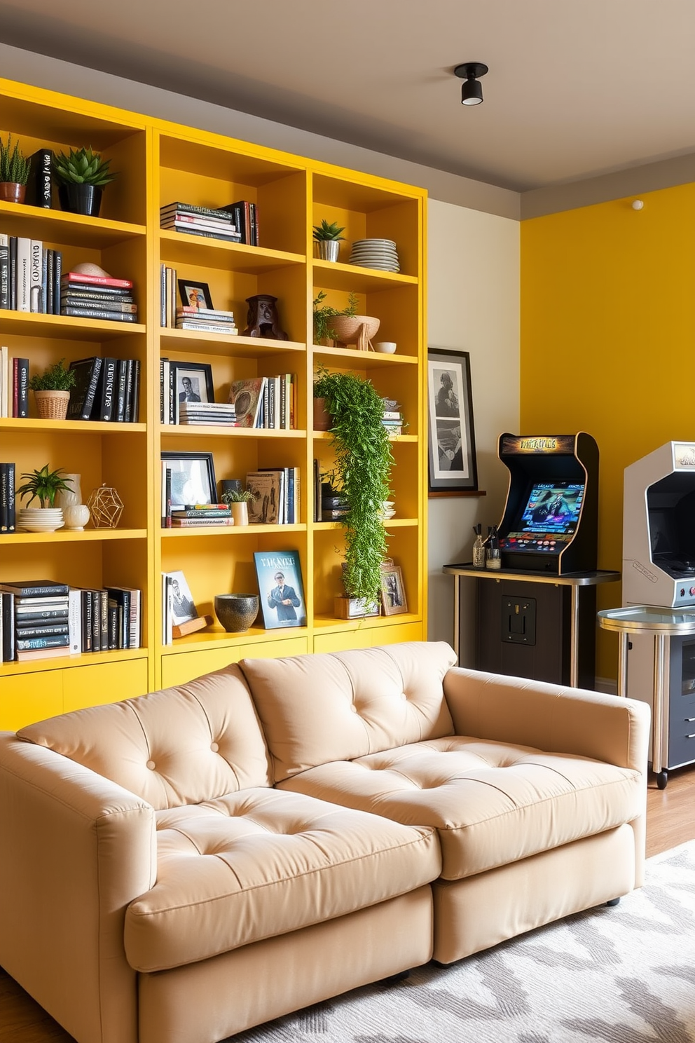 A vibrant yellow shelving unit lines the wall, showcasing a curated collection of books, plants, and decorative objects. The shelves are complemented by a cozy seating area featuring a plush, oversized sofa in a neutral hue, providing a perfect spot for relaxation. The man cave is designed with a bold yellow accent wall, creating a lively atmosphere. A vintage arcade game and a sleek bar cart add to the entertainment options, making it an ideal space for gatherings and leisure.