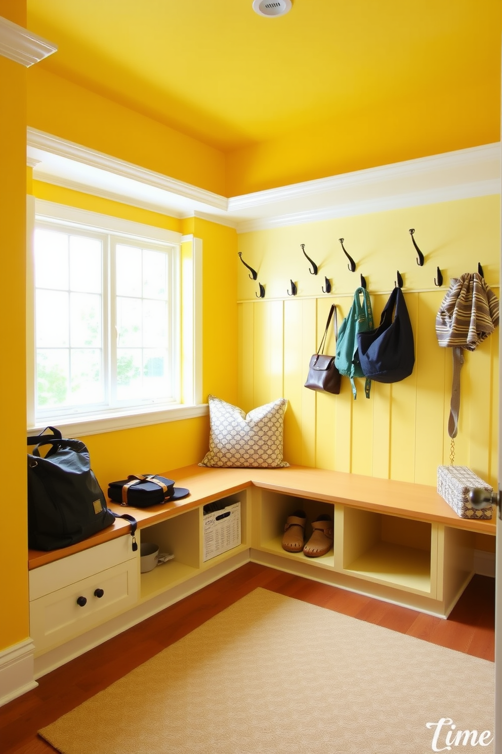 Bright yellow accent walls create a warm and inviting atmosphere in the mudroom. The space features built-in benches with storage underneath and hooks for hanging coats and bags. Natural light floods the room through a large window, highlighting the cheerful color. A patterned rug adds texture and comfort underfoot, complementing the bright walls.