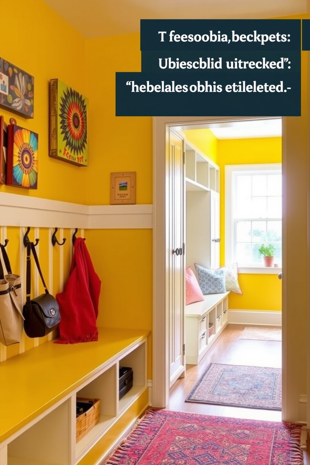 A vibrant mudroom featuring yellow walls adorned with colorful wall art that adds personality and flair to the space. The room is equipped with functional storage solutions like built-in benches and hooks, creating an inviting and organized entryway. A stylish mudroom designed with a cheerful yellow color palette and practical features for everyday use. The space includes a combination of open shelving and closed cabinets, providing ample storage while maintaining a bright and welcoming atmosphere.