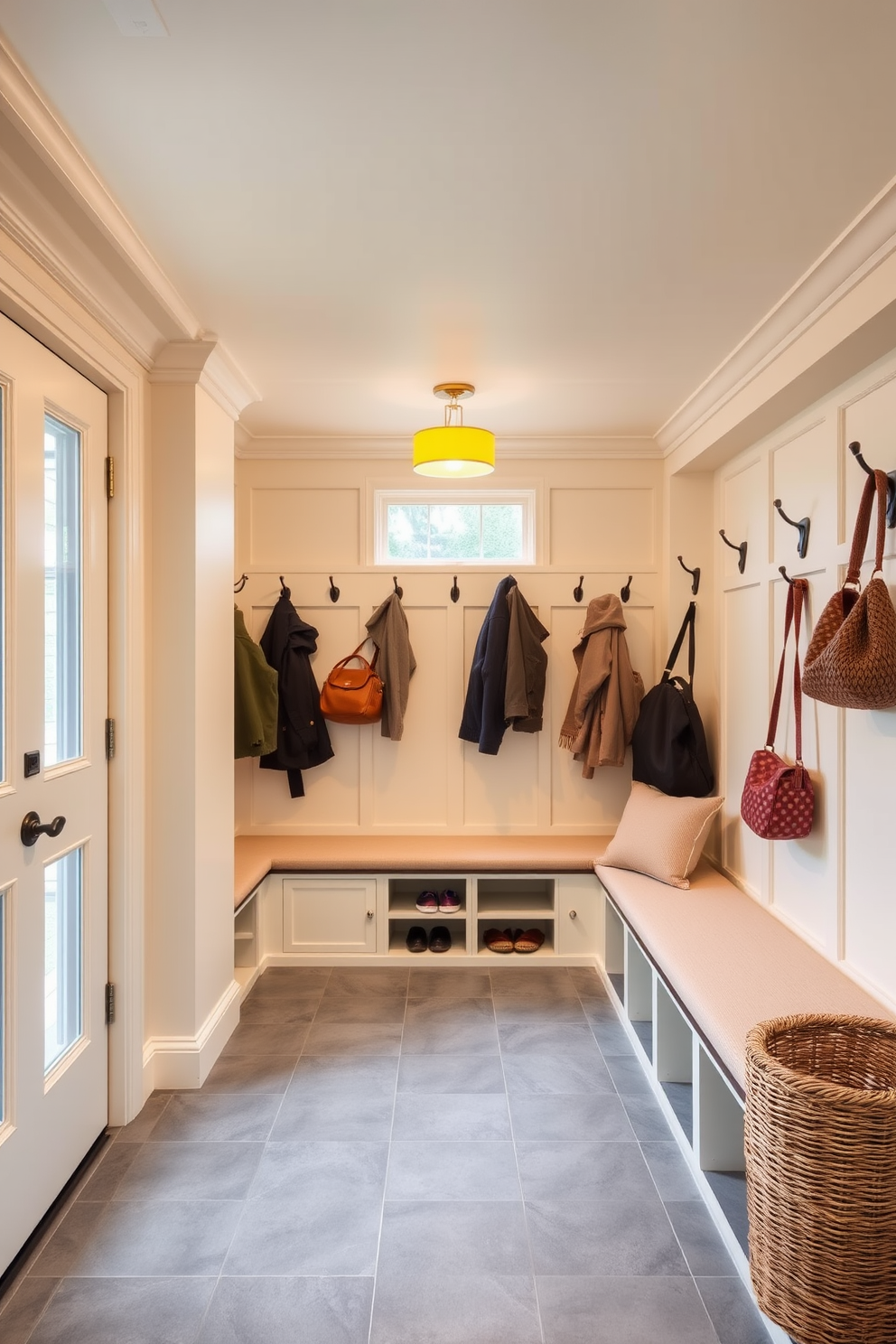 A bright and inviting mudroom features soft yellow lighting fixtures that create a warm ambiance. The walls are painted in a soft cream color, and the floor is adorned with durable gray tiles for practicality. There are built-in wooden benches with cushioned seats in a light beige fabric. Hooks for coats and bags line the walls, and a large basket for shoes adds to the organized feel.