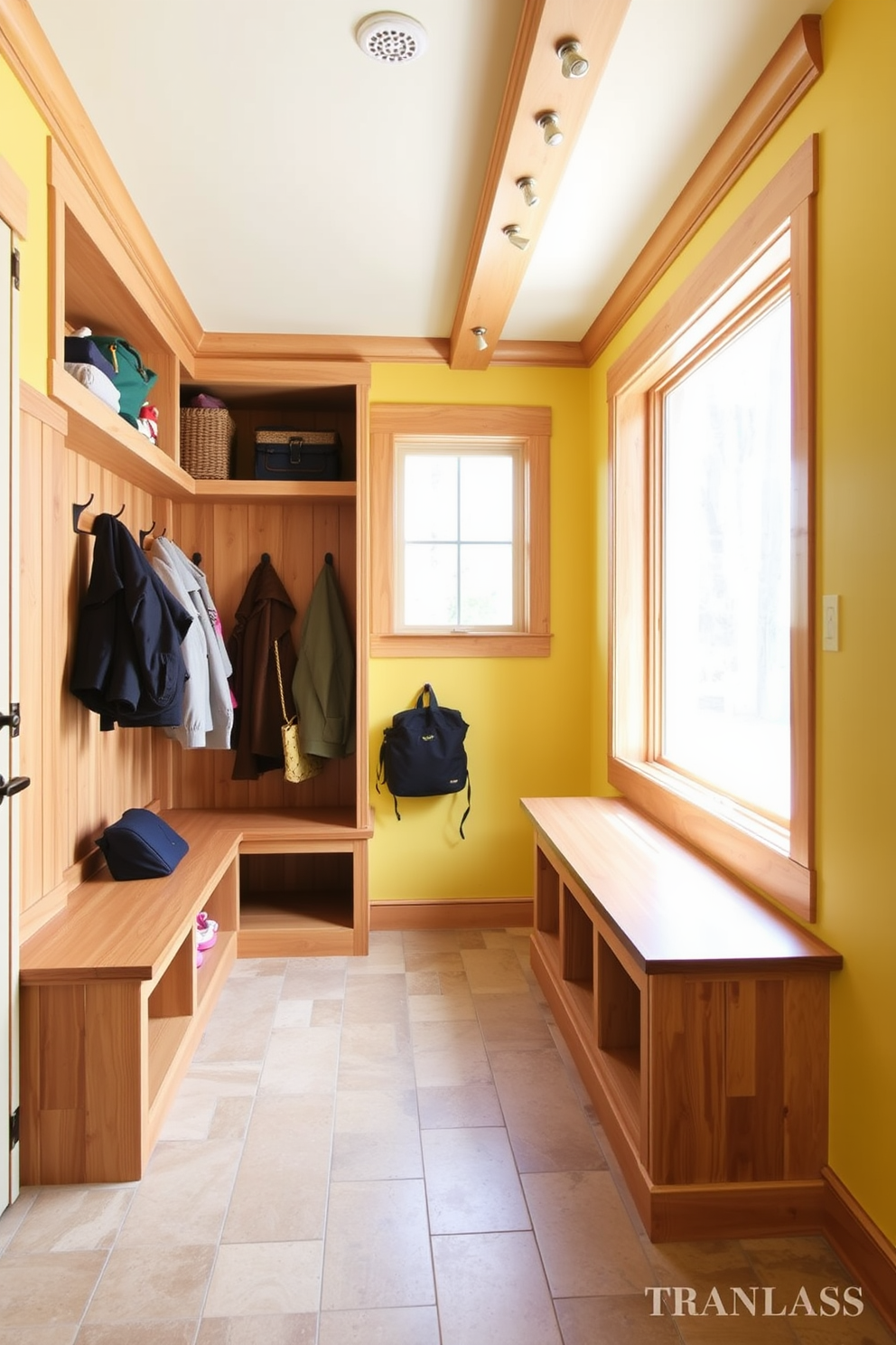 A bright yellow mudroom features natural wood accents throughout the space. There are built-in benches with storage underneath and hooks for hanging coats along the walls. The floor is made of durable tiles that complement the yellow walls. A large window allows natural light to flood in, creating a welcoming atmosphere.