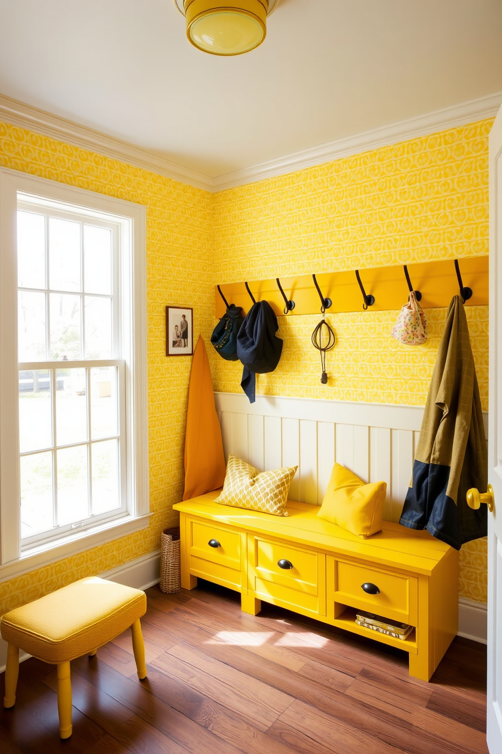 A cheerful mudroom featuring yellow patterned wallpaper that adds a playful vibe to the space. The room includes a built-in bench with storage underneath, surrounded by hooks for coats and bags. Bright yellow accents complement the wallpaper, creating a warm and inviting atmosphere. Natural light floods in through a large window, enhancing the vibrant colors and making the space feel open and welcoming.