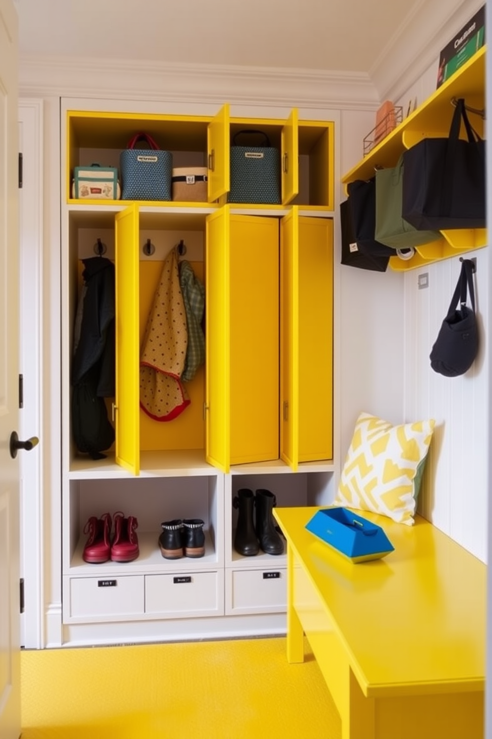 Functional yellow lockers for kids gear. The lockers are designed with a playful aesthetic, featuring bright yellow doors and ample storage space for backpacks and sports equipment. Yellow mudroom design ideas. The space includes a cheerful yellow bench for seating, surrounded by hooks for coats and a durable floor that can withstand muddy shoes.