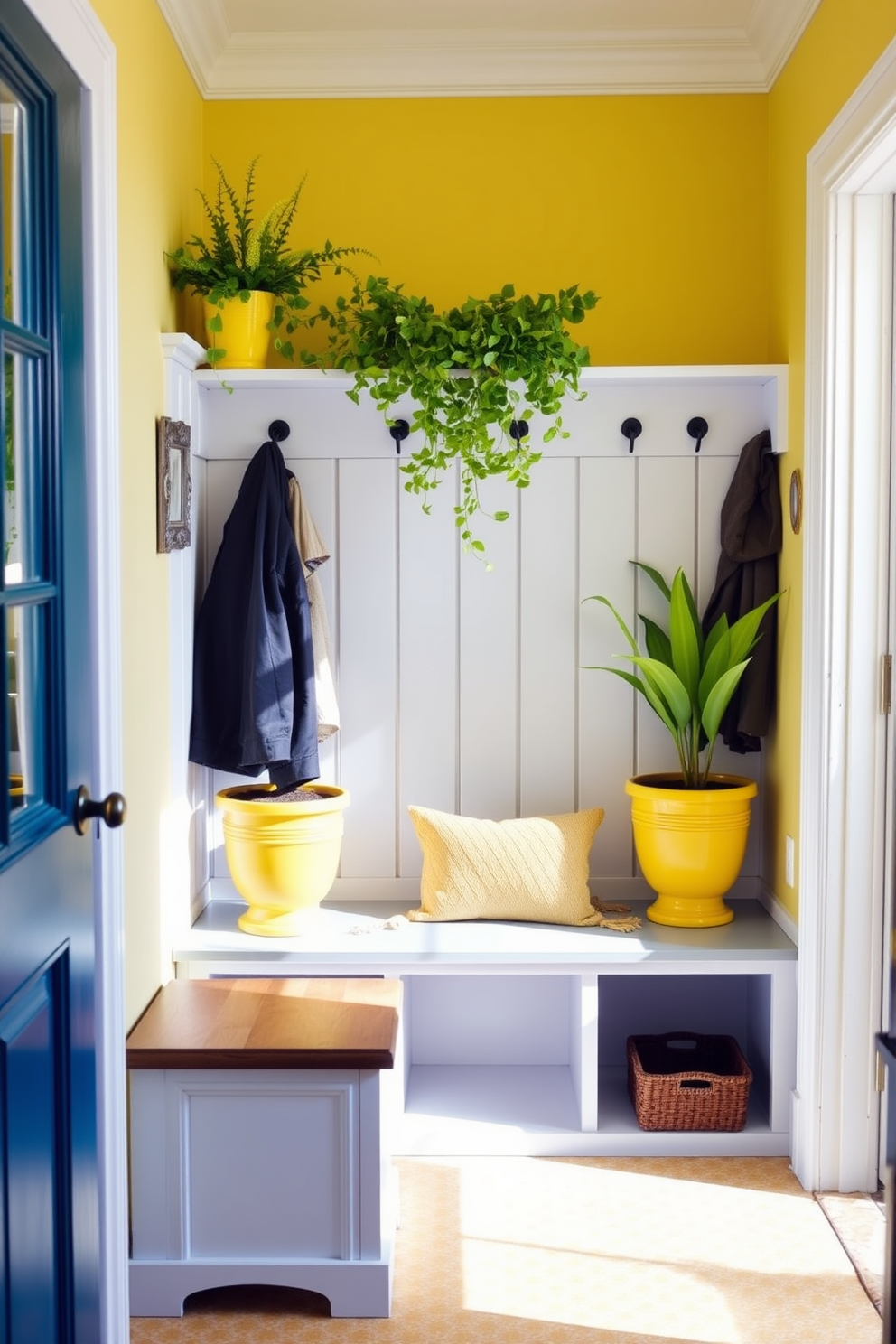 A bright and inviting mudroom featuring decorative yellow planters filled with vibrant greenery. The space includes a built-in bench with storage underneath and hooks for hanging coats, all accented by cheerful yellow tones.