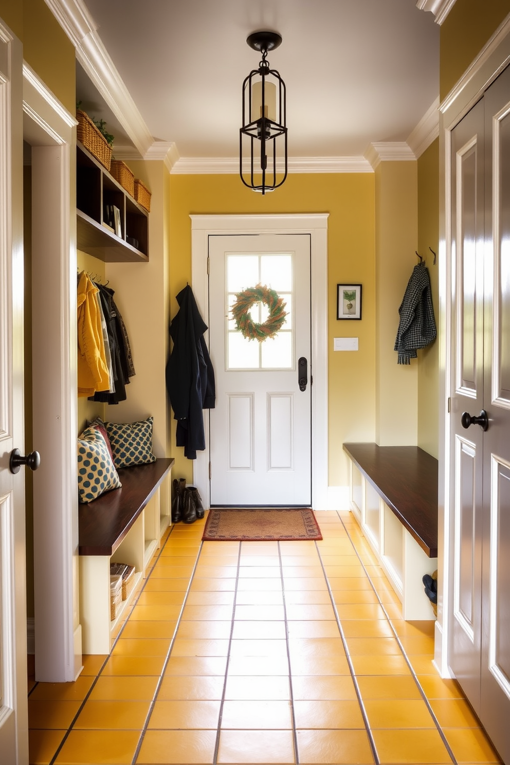 A vibrant mudroom featuring yellow tile flooring that is both stylish and easy to maintain. The space includes built-in storage benches and hooks for coats, creating a functional and welcoming entryway.