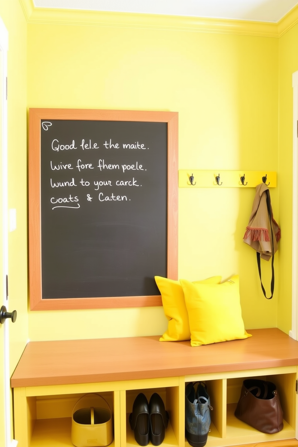 A vibrant yellow chalkboard wall serves as a creative space for messages and notes. The wall is framed with a sleek wooden trim, adding warmth to the room. The mudroom features a stylish design with yellow accents that create a cheerful atmosphere. Built-in benches with storage underneath provide functionality, while hooks for coats and bags keep the space organized.