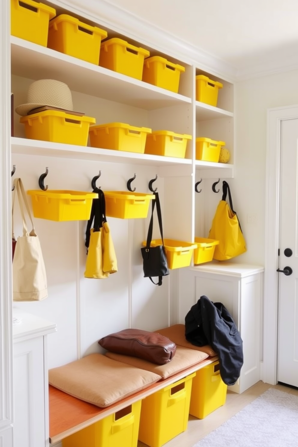 A bright and cheerful mudroom featuring yellow storage bins that enhance organization. The walls are painted in a soft white, creating a fresh and inviting atmosphere. The yellow storage bins are neatly arranged on open shelves, providing easy access to essentials. A bench with comfortable cushions sits below a row of hooks for coats and bags, adding functionality to the space.