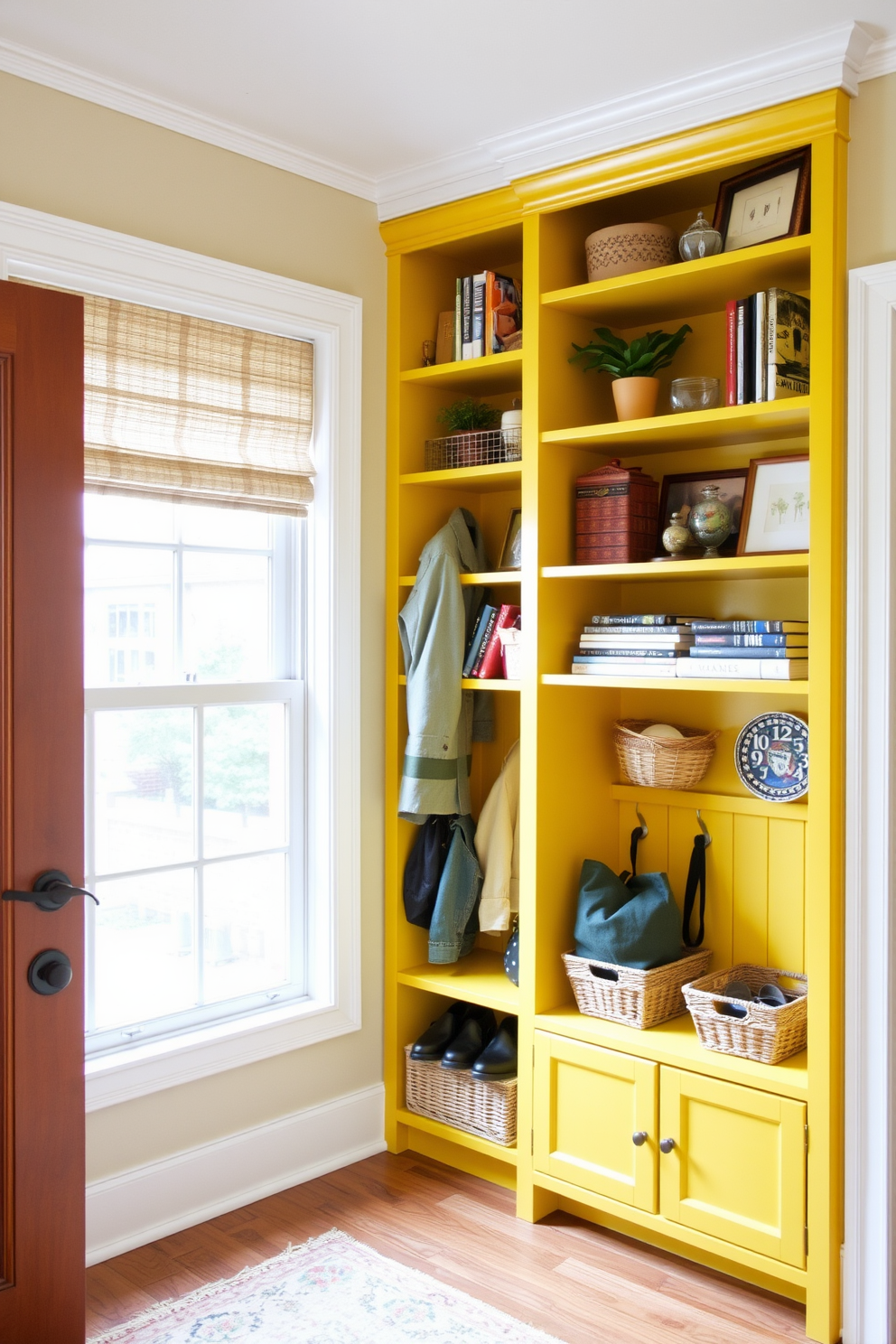 A stylish yellow shelving unit showcases an array of carefully curated display items, creating a vibrant focal point in the room. The shelves are adorned with decorative books, plants, and unique collectibles that reflect personal style and creativity. The yellow mudroom features functional storage solutions with hooks for coats and baskets for shoes, all designed in a cheerful and welcoming color scheme. Natural light floods the space through a nearby window, enhancing the bright and airy atmosphere while providing a practical area for daily routines.