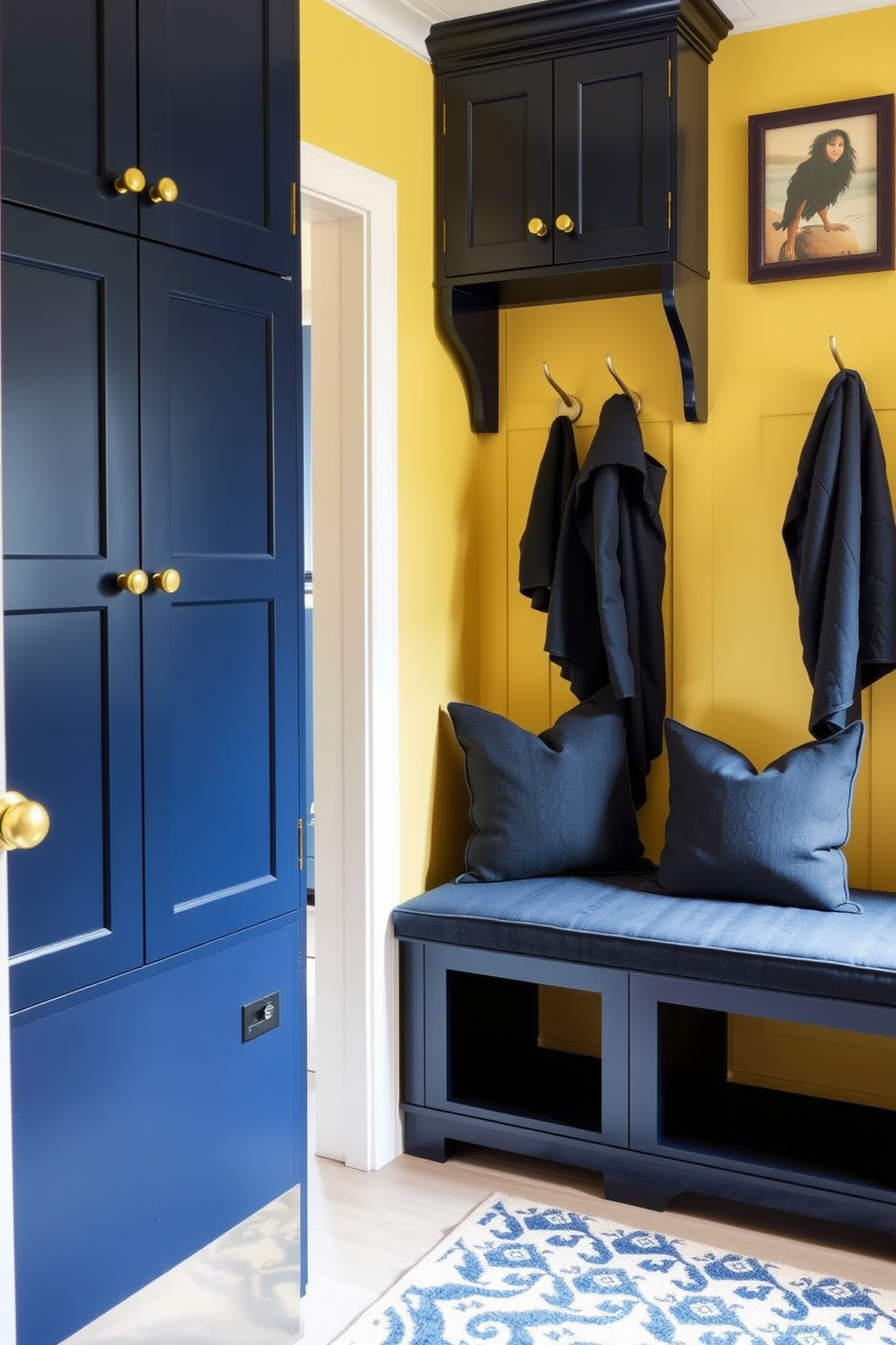 A sophisticated mudroom featuring a combination of yellow and navy hues. The walls are painted a soft yellow, complemented by navy blue cabinetry with brass hardware. A large bench with navy cushions sits against the wall, providing seating and storage underneath. Decorative hooks in gold hold sleek navy coats, while a patterned rug adds warmth to the space.