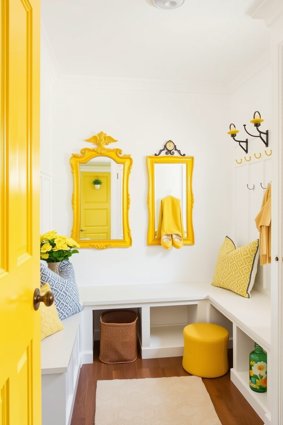 Elegant yellow mirrors to enhance space. The walls are painted in a soft white, creating a bright backdrop for the vibrant yellow mirrors that reflect light beautifully. Yellow mudroom design ideas. The space features built-in benches with storage underneath, and cheerful yellow accents throughout, including hooks and decorative pillows for a welcoming atmosphere.