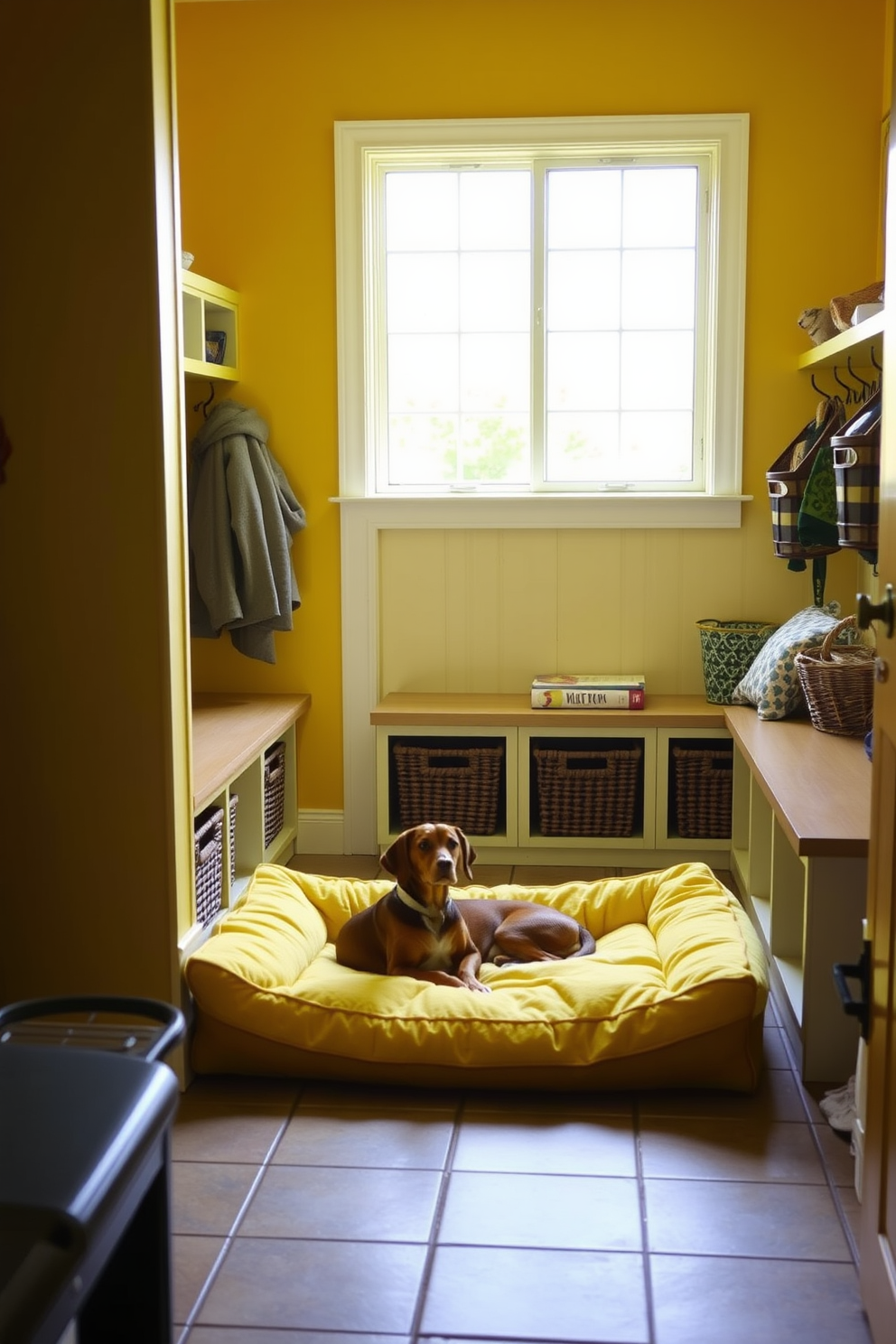 A cozy yellow pet bed is placed in a sunny corner of the living room. The bed features soft plush fabric and a removable cover for easy cleaning. The mudroom is designed with cheerful yellow walls and a durable tile floor. Built-in benches with storage baskets and hooks for coats create an organized and inviting space.