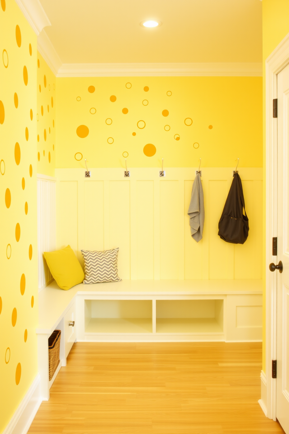 Creative yellow wall decals for fun designs. Bright and playful shapes cover the walls, creating a cheerful atmosphere in the room. Yellow mudroom design ideas feature a spacious layout with built-in storage benches. The walls are painted a soft yellow, complemented by durable flooring that withstands heavy traffic.