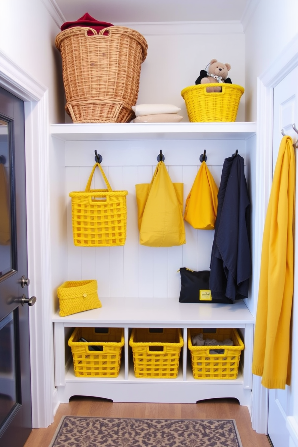 A vibrant mudroom featuring lively yellow baskets for easy storage. The walls are painted in a soft white, creating a bright and welcoming atmosphere.