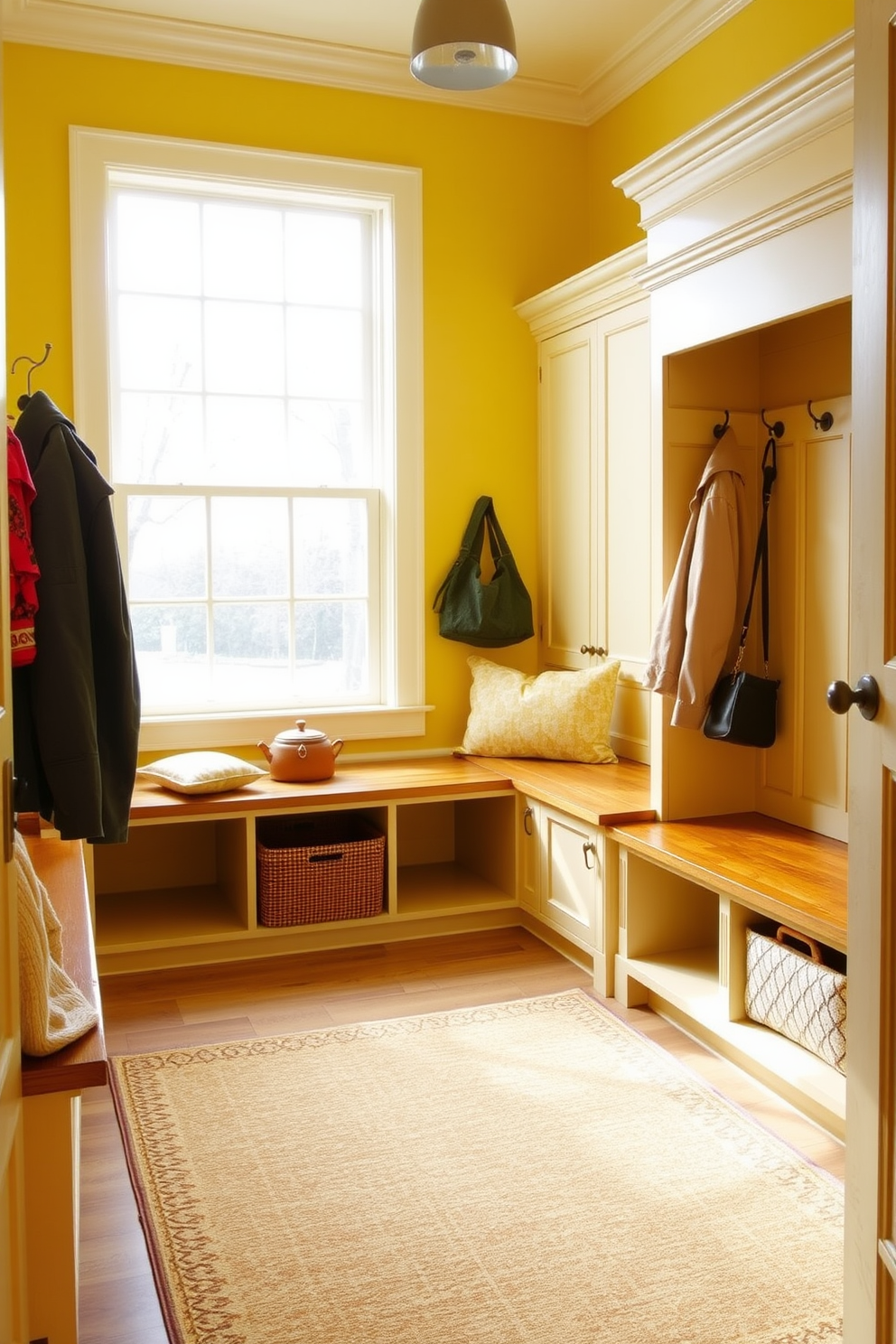 A welcoming mudroom featuring a harmonious blend of yellow and beige tones that create a warm atmosphere. The space includes built-in benches with soft cushions, and decorative hooks for hanging coats and bags. Natural light floods in through a large window, illuminating the cheerful yellow walls and complementing the beige accents. A patterned rug adds texture to the floor, enhancing the inviting feel of the room.