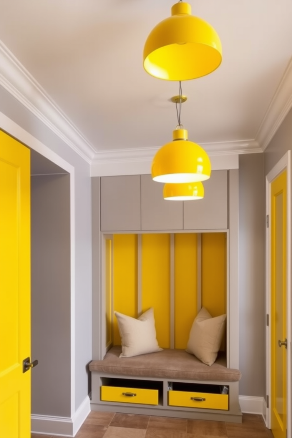 Chic yellow pendant lights hang from the ceiling, adding a modern touch to the space. The walls are painted in a soft gray, complementing the bright accents and creating a warm atmosphere. The mudroom features built-in storage with yellow accents, providing both style and functionality. A bench with plush cushions sits beneath the pendant lights, inviting comfort and practicality in this vibrant area.