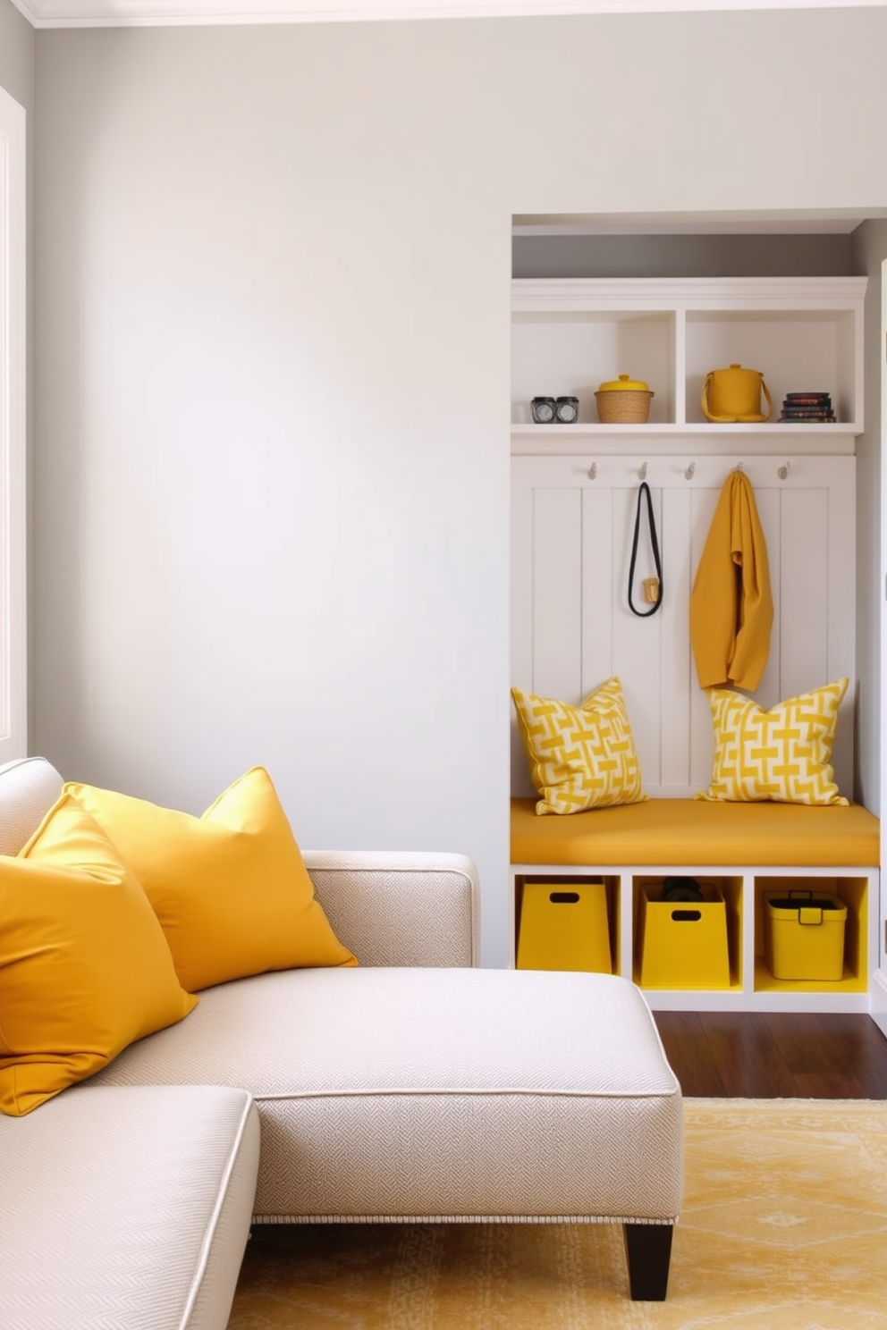 A cozy seating area featuring a plush sofa adorned with yellow accent pillows that add a pop of color. The warm tones of the pillows complement the neutral fabric of the sofa, creating an inviting atmosphere. A functional mudroom designed with yellow accents throughout, including a cheerful bench and storage cubbies. The walls are painted in a soft gray, allowing the yellow elements to stand out while providing a practical space for organization.