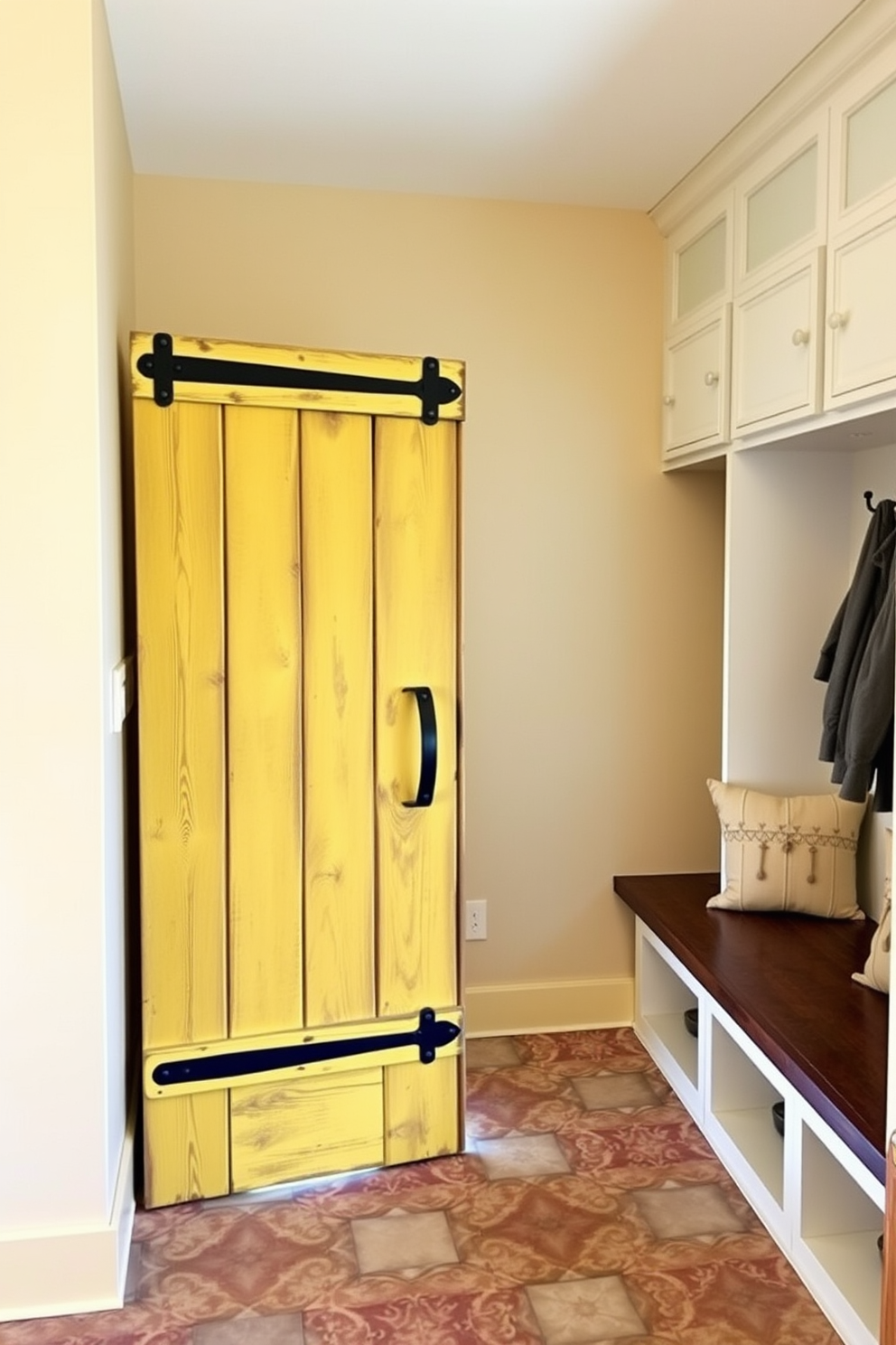 A rustic yellow barn door serves as a unique entryway, adding charm and character to the space. The door features weathered wood with a distressed finish, complemented by black iron hardware for an authentic farmhouse look. The mudroom is designed with functional storage solutions, including built-in benches with cushions and hooks for coats. The walls are painted in a soft beige, while the floor is covered with durable, patterned tiles that can withstand heavy foot traffic.