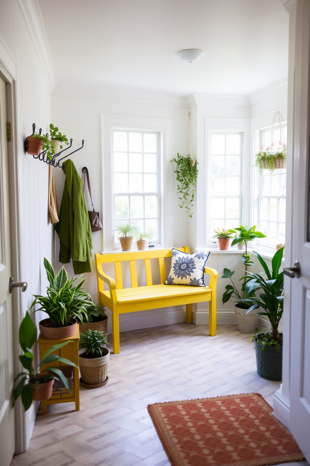 A cheerful yellow bench is placed in a bright and inviting mudroom, surrounded by hooks for coats and a variety of potted plants. The walls are painted in a soft white, creating a fresh and airy atmosphere that complements the vibrant bench. The mudroom features a stylish tile floor in a geometric pattern, providing both functionality and aesthetic appeal. Large windows allow natural light to flood the space, enhancing the cheerful ambiance and making it a welcoming entry point to the home.