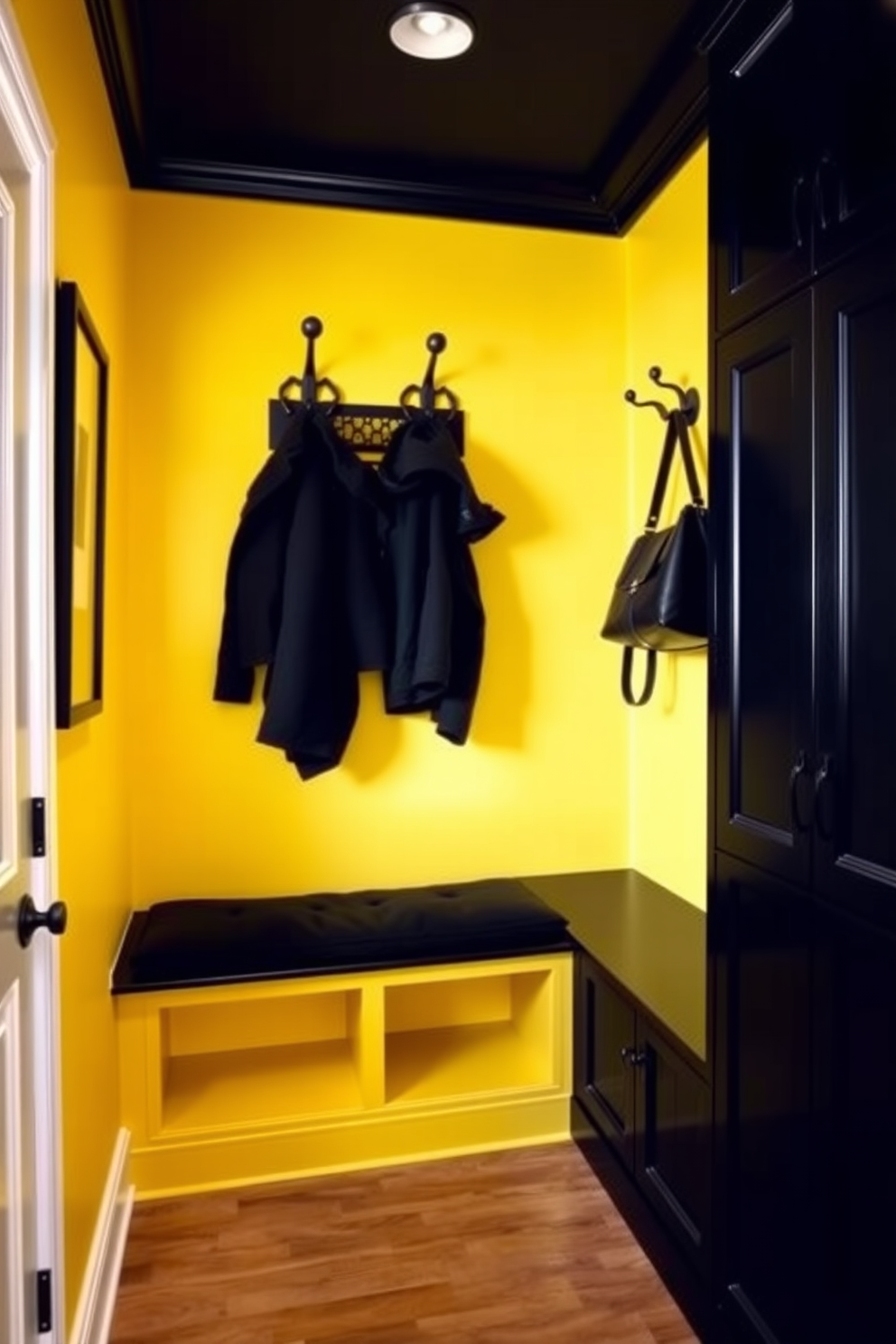 A striking mudroom featuring a yellow and black color scheme that exudes drama and sophistication. The walls are painted a vibrant yellow, while the cabinetry and bench are finished in a sleek black, creating a bold contrast. The space includes a stylish bench with plush black cushions and ample storage underneath. Decorative hooks in black are mounted on the wall for hanging coats and bags, adding both functionality and flair.