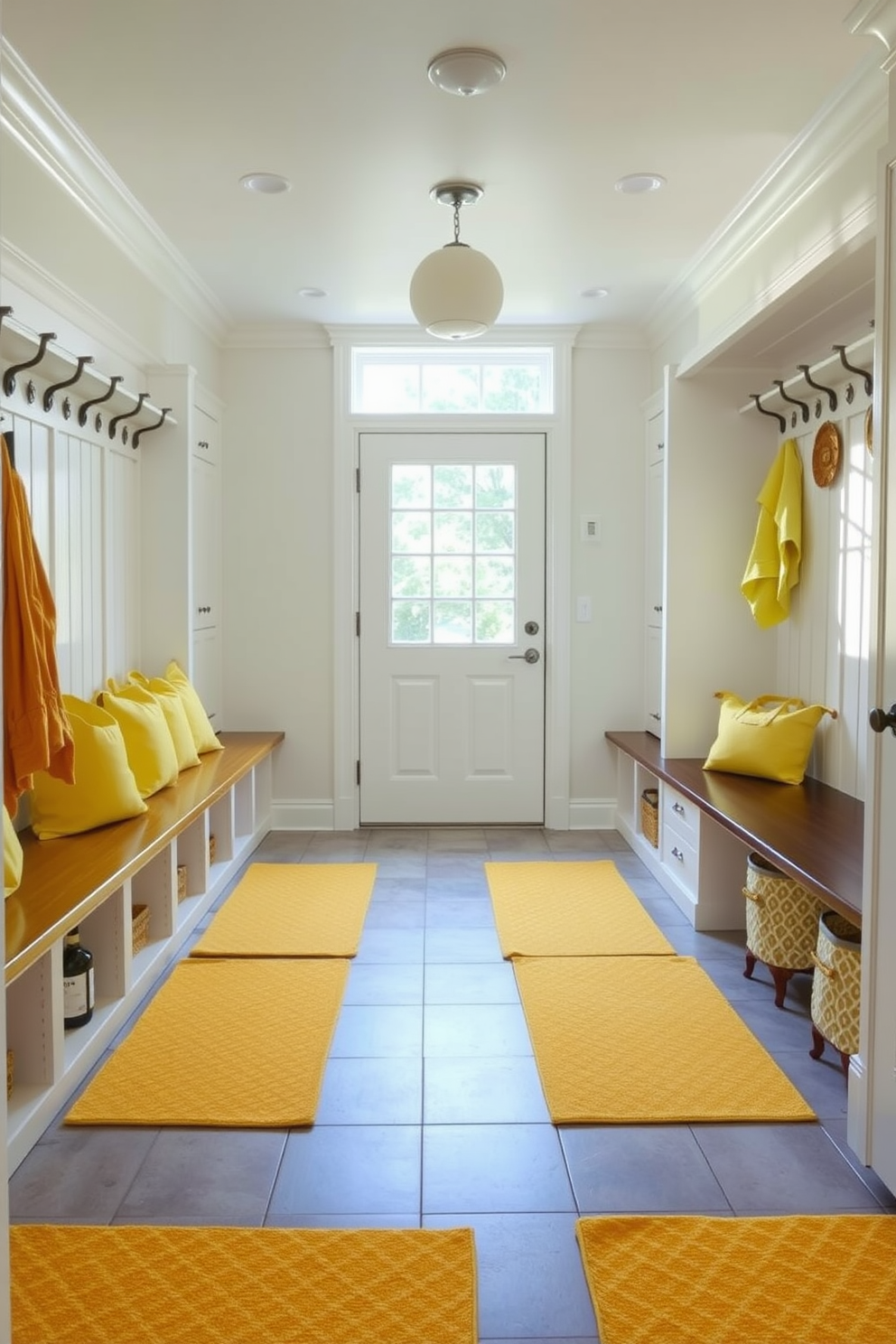 A bright and inviting mudroom features yellow patterned rugs that add warmth and texture to the space. The walls are painted in a soft white, complemented by built-in storage benches and hooks for coats and bags. The flooring is a durable tile, providing functionality while enhancing the cheerful atmosphere. Natural light floods the room through a large window, highlighting the vibrant yellow accents throughout the design.