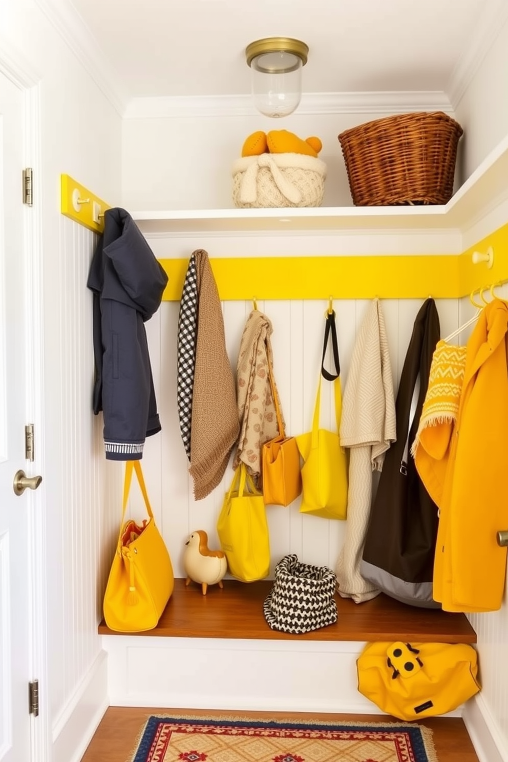 A cheerful mudroom filled with sunshine yellow hooks for coats and bags. The walls are painted in a soft white, creating a bright and inviting atmosphere.