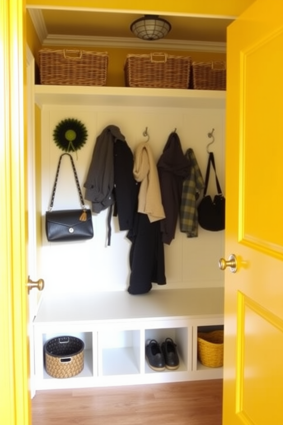 A bold yellow door welcomes guests with a vibrant statement. The mudroom features built-in storage benches and hooks for coats, complemented by cheerful yellow accents.