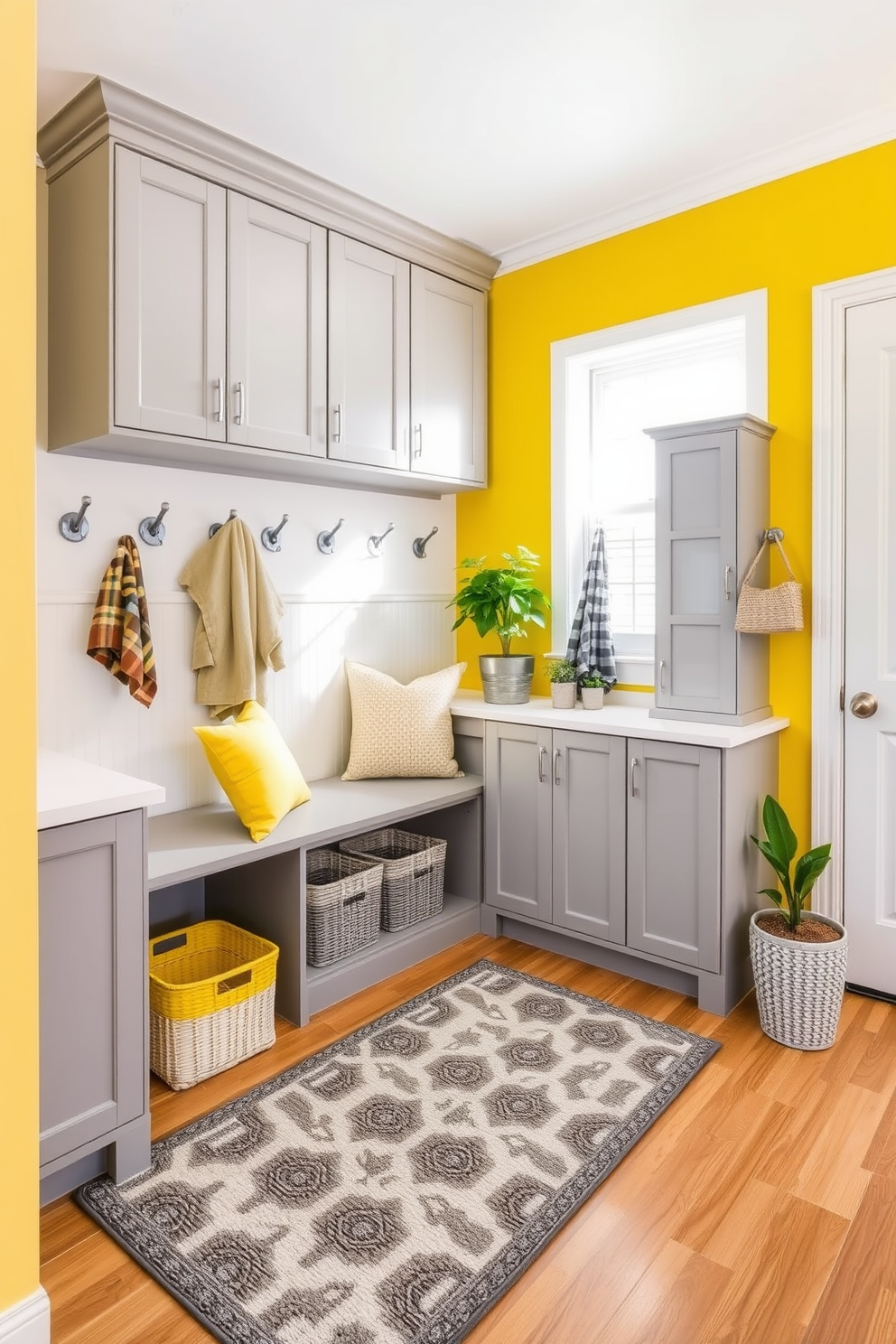 A bright and inviting mudroom features a yellow accent wall paired with gray cabinetry that provides ample storage. The space includes a bench with yellow cushions, hooks for coats, and a stylish gray area rug on the floor. Natural light floods the room through a large window, illuminating the cheerful decor. Potted plants add a touch of greenery, while decorative baskets in shades of gray keep the area organized and tidy.