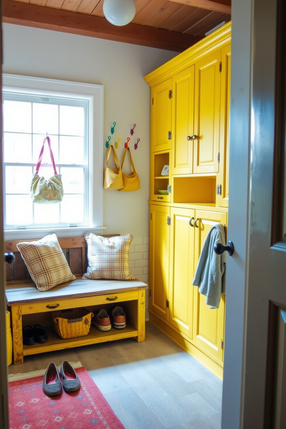 A cozy mudroom filled with vintage yellow furniture that adds a charming touch. The space features a rustic wooden bench adorned with soft cushions and a collection of colorful hooks on the wall for hanging coats and bags. Bright yellow cabinetry complements the vintage aesthetic, providing ample storage for shoes and outdoor gear. Natural light floods the room through a large window, illuminating the warm tones of the decor and creating an inviting atmosphere.