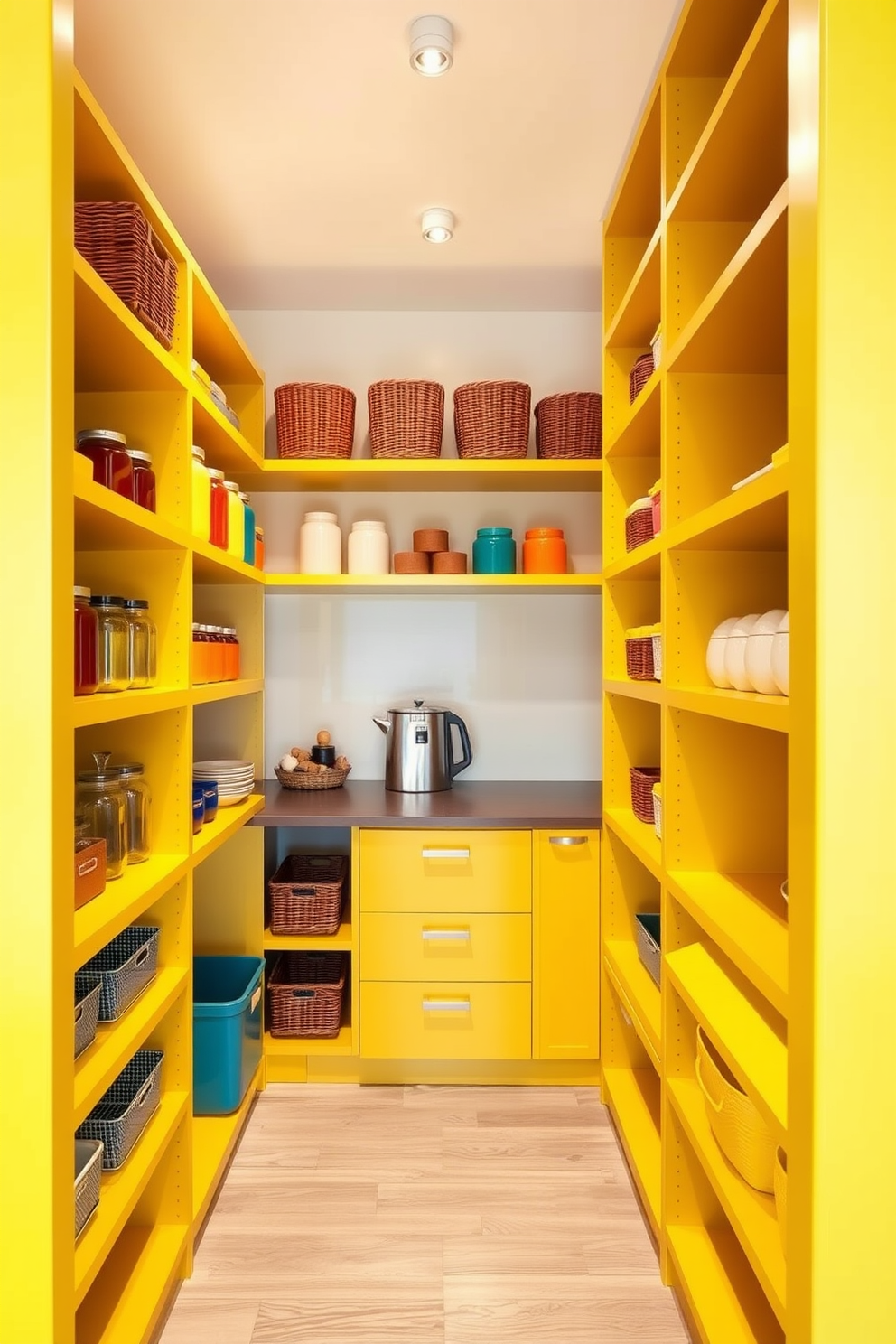 Bright yellow shelves create a cheerful storage solution in a modern pantry. The shelves are filled with colorful jars and baskets, adding a vibrant touch to the space. The pantry features a sleek design with ample space for organizing kitchen essentials. Soft white lighting enhances the bright yellow shelves, making the area feel warm and inviting.