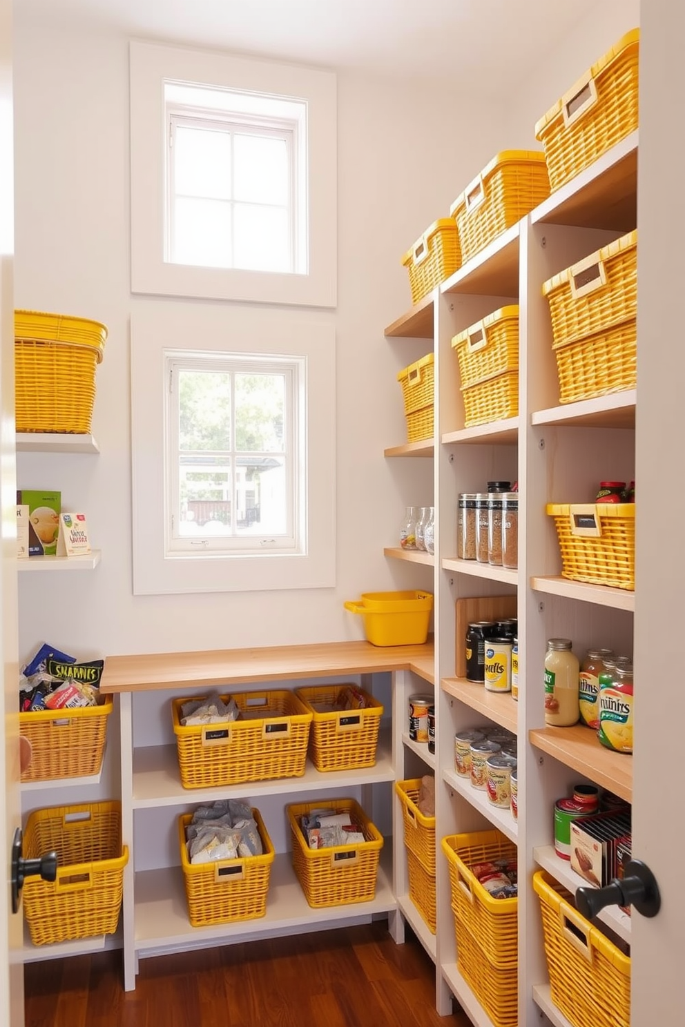 A bright and cheerful pantry featuring yellow baskets neatly arranged on wooden shelves. The walls are painted in a soft white, creating a fresh backdrop for the vibrant yellow accents. The pantry includes labeled baskets for easy organization of snacks, grains, and canned goods. Natural light streams in through a small window, highlighting the cheerful decor and inviting atmosphere.