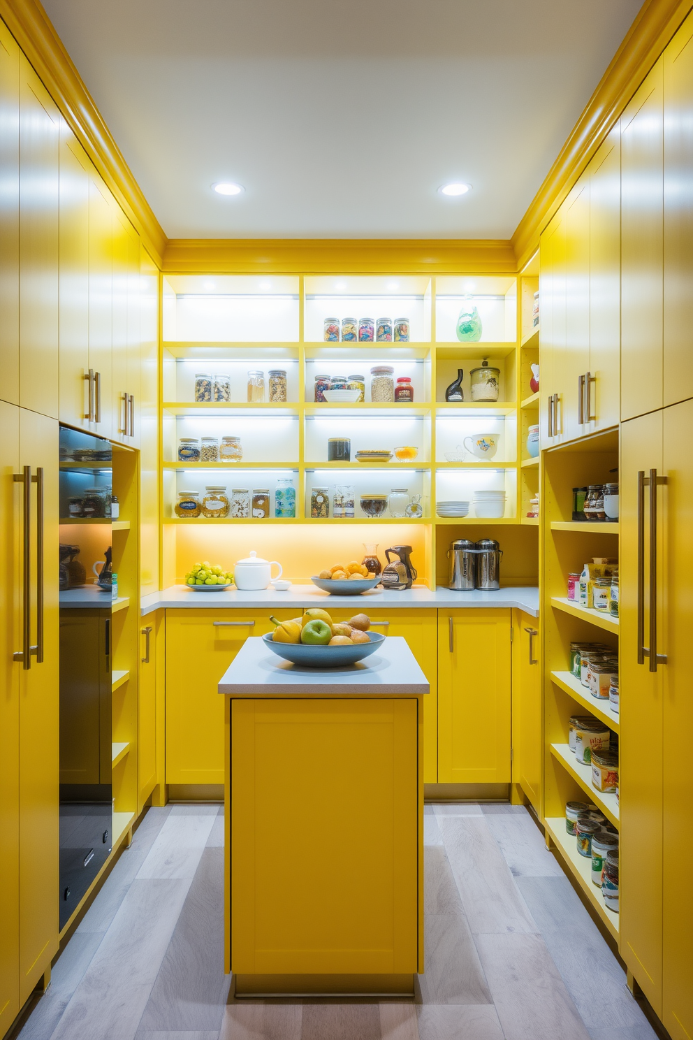 A bright and airy pantry featuring yellow cabinetry with sleek handles. Accent lighting illuminates the shelves, highlighting the vibrant yellow and creating a warm atmosphere. The pantry includes open shelving filled with decorative jars and fresh produce for a lively touch. A small island in the center provides additional storage and workspace, enhancing the functionality of the space.