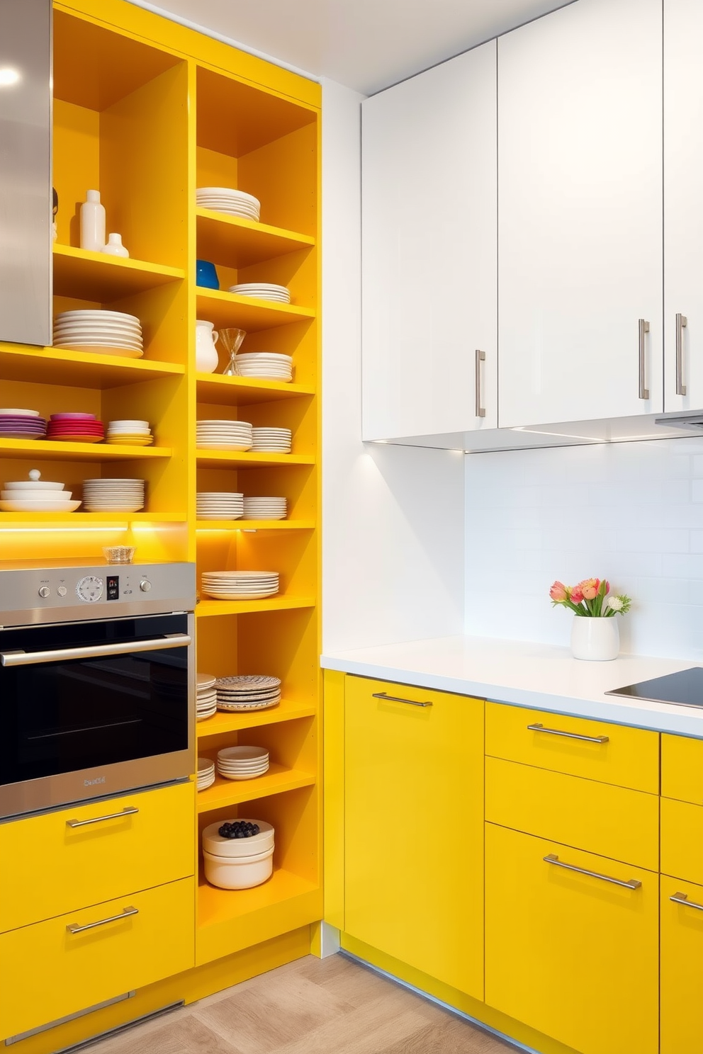 A modern kitchen featuring two-tone cabinets with vibrant yellow bottoms and sleek white upper cabinets. The yellow pantry is designed with open shelving, showcasing colorful dishware and decorative items, creating a cheerful and inviting atmosphere.