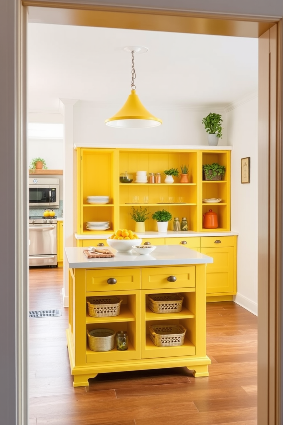 A bright yellow pantry island creates an inviting focal point in the kitchen while enhancing functionality. It features ample storage space with open shelves for easy access to essentials and a countertop perfect for meal prep. The walls are painted in a soft white to complement the vibrant yellow, creating a fresh and airy atmosphere. Decorative elements like potted herbs and colorful canisters add personality and charm to the space.