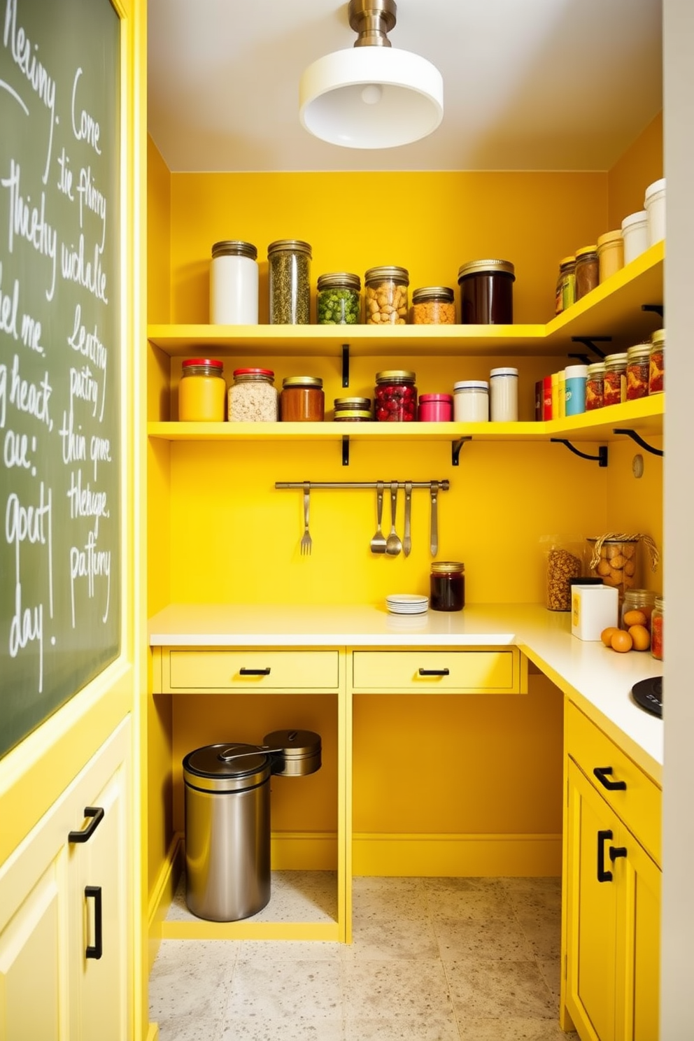 A bright and cheerful pantry featuring chalkboard paint in a sunny yellow hue covering the walls. The space is organized with open shelving displaying colorful jars and containers, creating a fun and functional area for meal prep and storage.