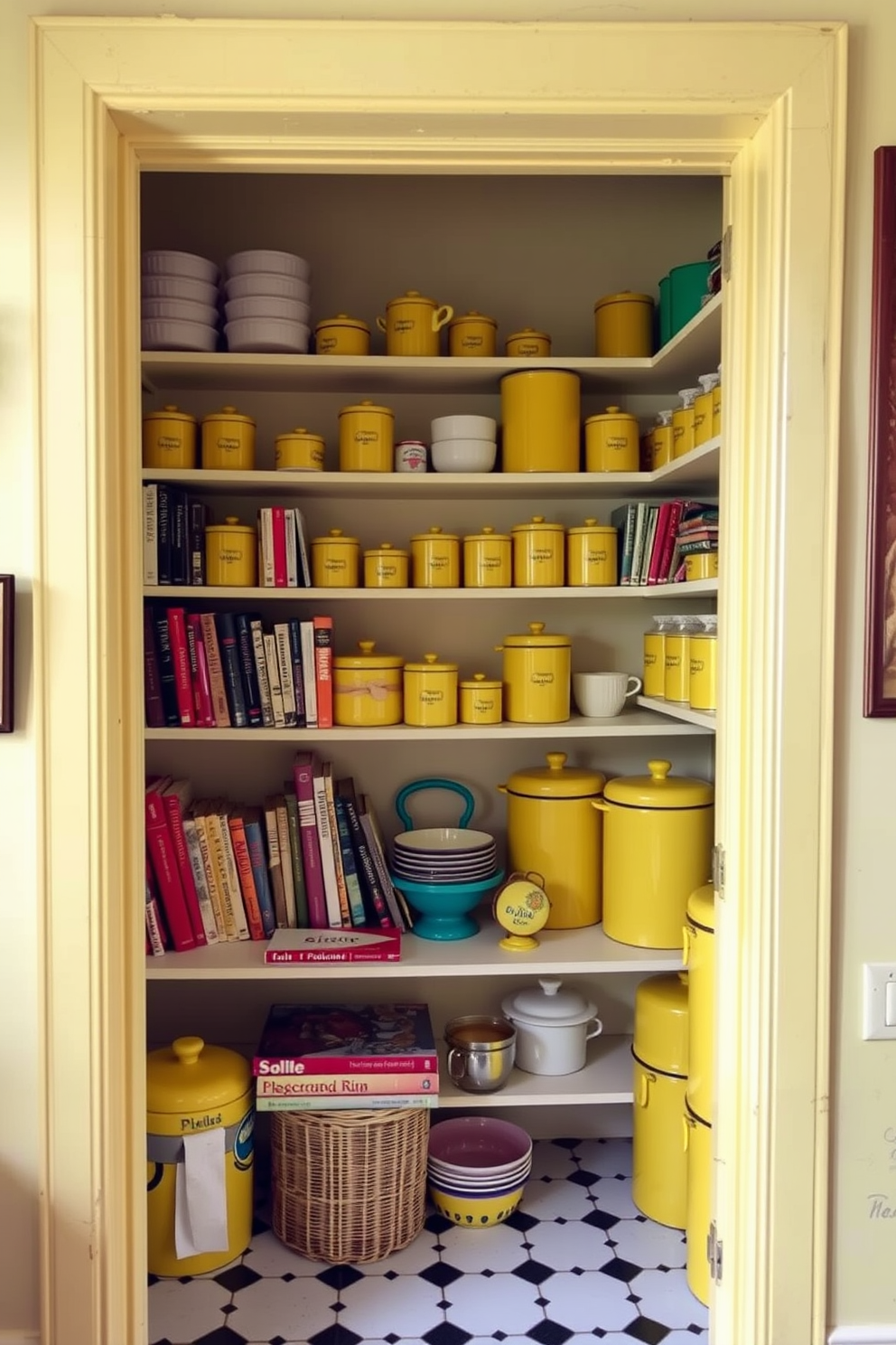 A vintage yellow pantry filled with charming yellow canisters that evoke a retro vibe. The walls are painted in a soft cream color, and the shelves are lined with colorful cookbooks and vintage kitchenware.