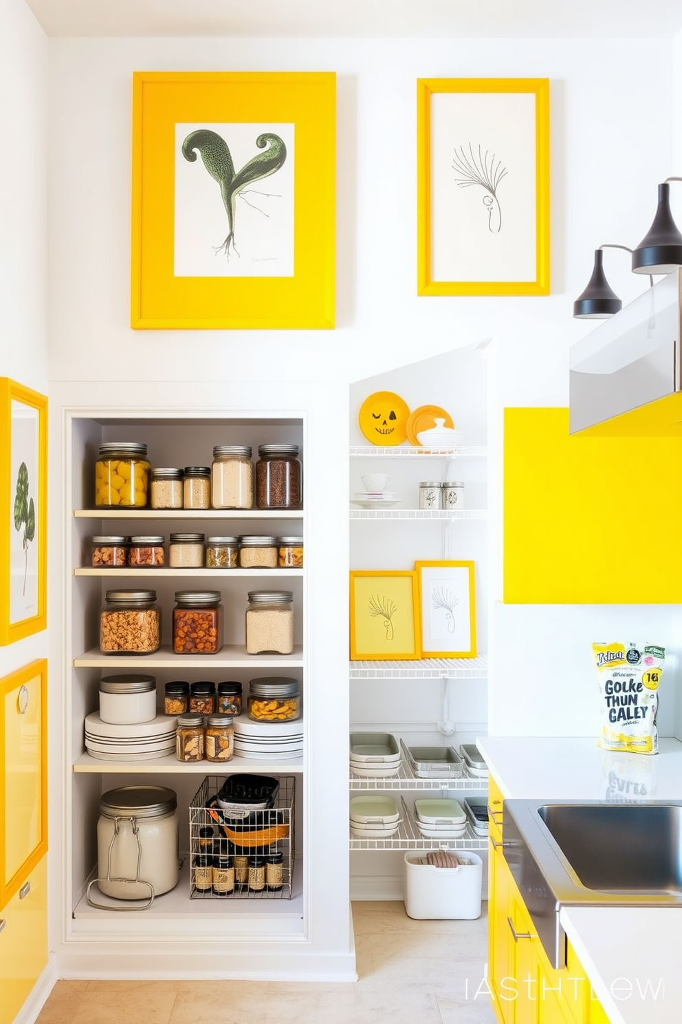 A bright kitchen featuring yellow framed art that adds a personal touch to the decor. The walls are painted in a soft white, allowing the vibrant yellow frames to stand out and create a cheerful atmosphere. A stylish pantry with a modern design that incorporates yellow accents. The shelves are neatly organized with jars and containers, while the yellow cabinetry complements the overall aesthetic and enhances functionality.