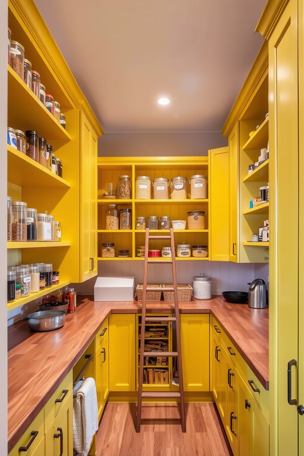 A bright and inviting pantry featuring yellow cabinetry paired with natural wood accents. The shelves are organized with clear containers, showcasing colorful spices and grains against the cheerful yellow backdrop. Warm wooden countertops provide a functional workspace, complementing the vibrant yellow cabinets. A simple wooden ladder leans against the shelves, adding both style and accessibility to the pantry design.