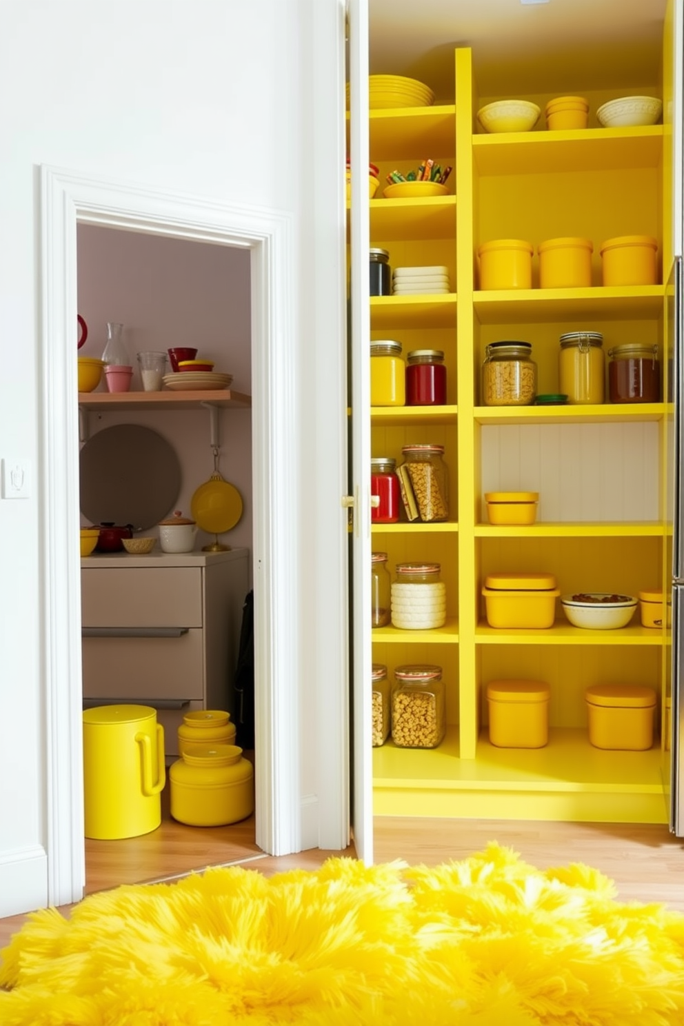 Bright yellow accessories add a fun touch to the kitchen space. The pantry features bright yellow shelves filled with colorful jars and containers, creating a cheerful and inviting atmosphere. The walls are painted in a soft white to enhance the vibrancy of the yellow accents. A bold yellow rug lies on the floor, complementing the overall design and providing a playful contrast.