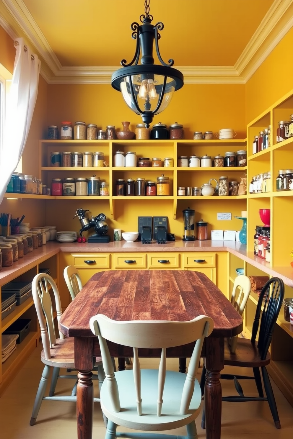 A cheerful yellow pantry with bright painted walls that create an inviting atmosphere. The shelves are filled with neatly organized jars and canisters, showcasing a variety of colorful ingredients. A rustic wooden table sits in the center, surrounded by mismatched chairs that add character. A vintage light fixture hangs above, illuminating the space and enhancing the cheerful ambiance.