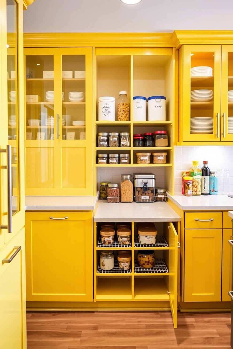 A bright and inviting kitchen features yellow cabinets with glass fronts, allowing for easy visibility of the organized contents inside. The cabinets are complemented by sleek hardware and a stylish backsplash that enhances the cheerful atmosphere. The pantry area is designed with practicality in mind, showcasing open shelving and labeled containers for a tidy look. Ample lighting illuminates the space, making it easy to find ingredients and maintain an organized pantry.