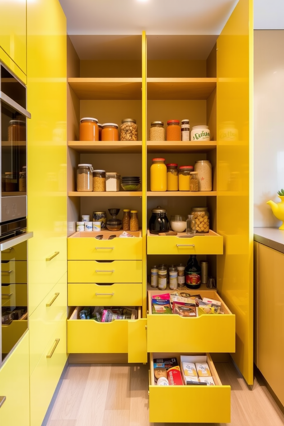 A modern kitchen pantry featuring yellow pull-out drawers that provide easy access to stored items. The drawers are neatly organized, showcasing an array of colorful jars and containers, enhancing the cheerful aesthetic of the space. The pantry is designed with a sleek layout, incorporating open shelving above the drawers for additional storage. Soft lighting illuminates the area, highlighting the vibrant yellow against a backdrop of neutral tones.