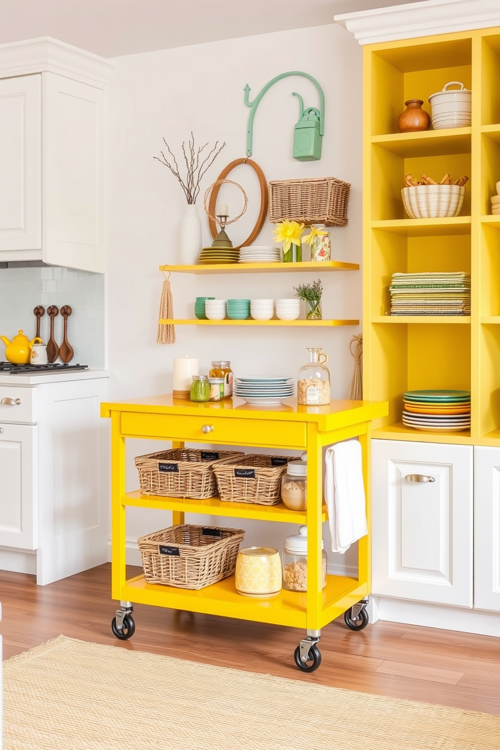 A stylish yellow pantry cart on wheels features multiple shelves for easy access to kitchen essentials. The cart is adorned with decorative elements and is set against a backdrop of bright white walls and colorful kitchen accessories. This vibrant yellow pantry design incorporates open shelving and storage baskets for a charming yet functional look. The overall aesthetic is cheerful and inviting, perfect for a modern kitchen space.