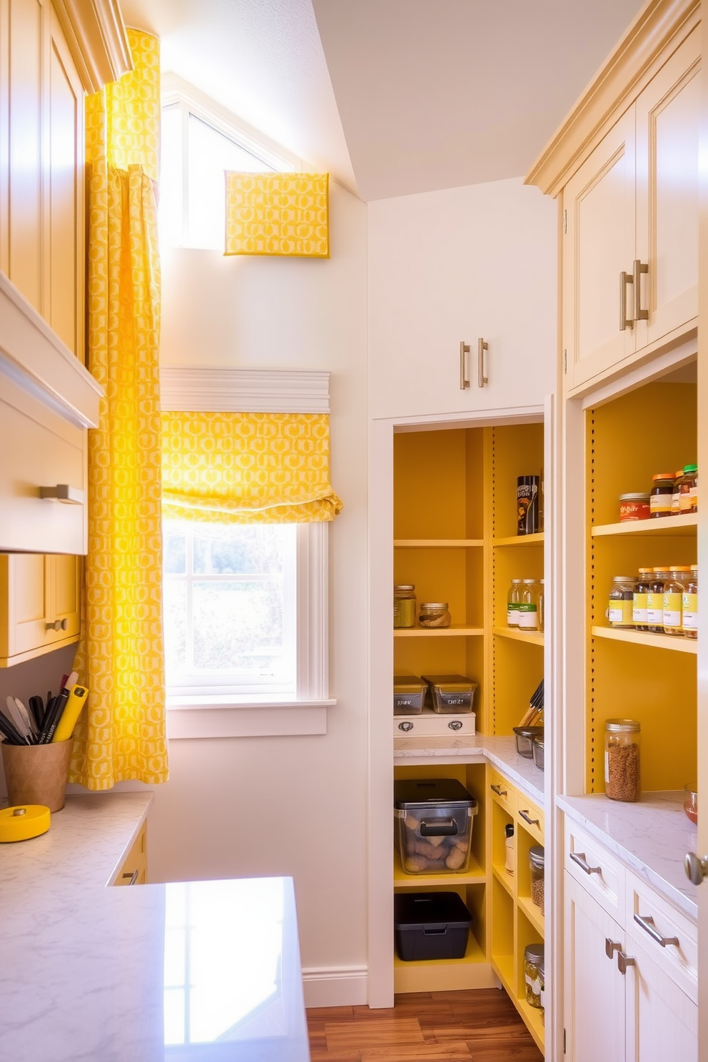 A bright and airy kitchen featuring yellow patterned curtains that gently frame the window, adding a soft touch to the space. The curtains complement the warm tones of the cabinetry, creating a cheerful and inviting atmosphere. A spacious pantry designed with bright yellow shelving, organized with clear containers and labeled jars for easy access. The design incorporates natural wood accents and bright lighting to enhance the vibrant yellow theme.