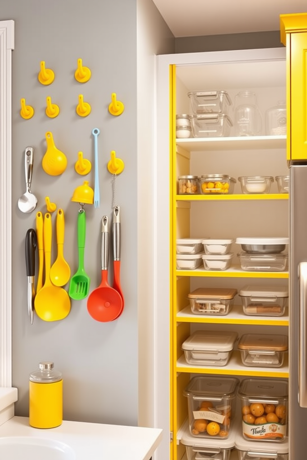 A bright and cheerful kitchen featuring yellow hooks mounted on the wall for hanging various kitchen tools. The hooks are arranged in an organized manner, showcasing colorful utensils and adding a playful touch to the space. A stylish pantry design that incorporates yellow accents throughout. The shelves are neatly organized with clear containers, and the yellow cabinetry complements the overall aesthetic, creating a warm and inviting atmosphere.