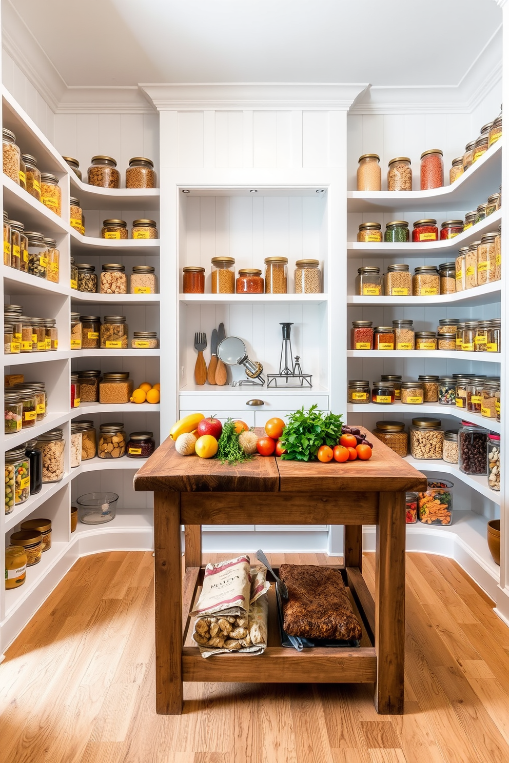 A bright and cheerful pantry space. The walls are painted in a soft white, and shelves are lined with clear glass jars filled with colorful dry goods. The pantry labels are in a vibrant yellow for easy readability. A rustic wooden table in the center serves as a prep area, adorned with fresh herbs and fruits.