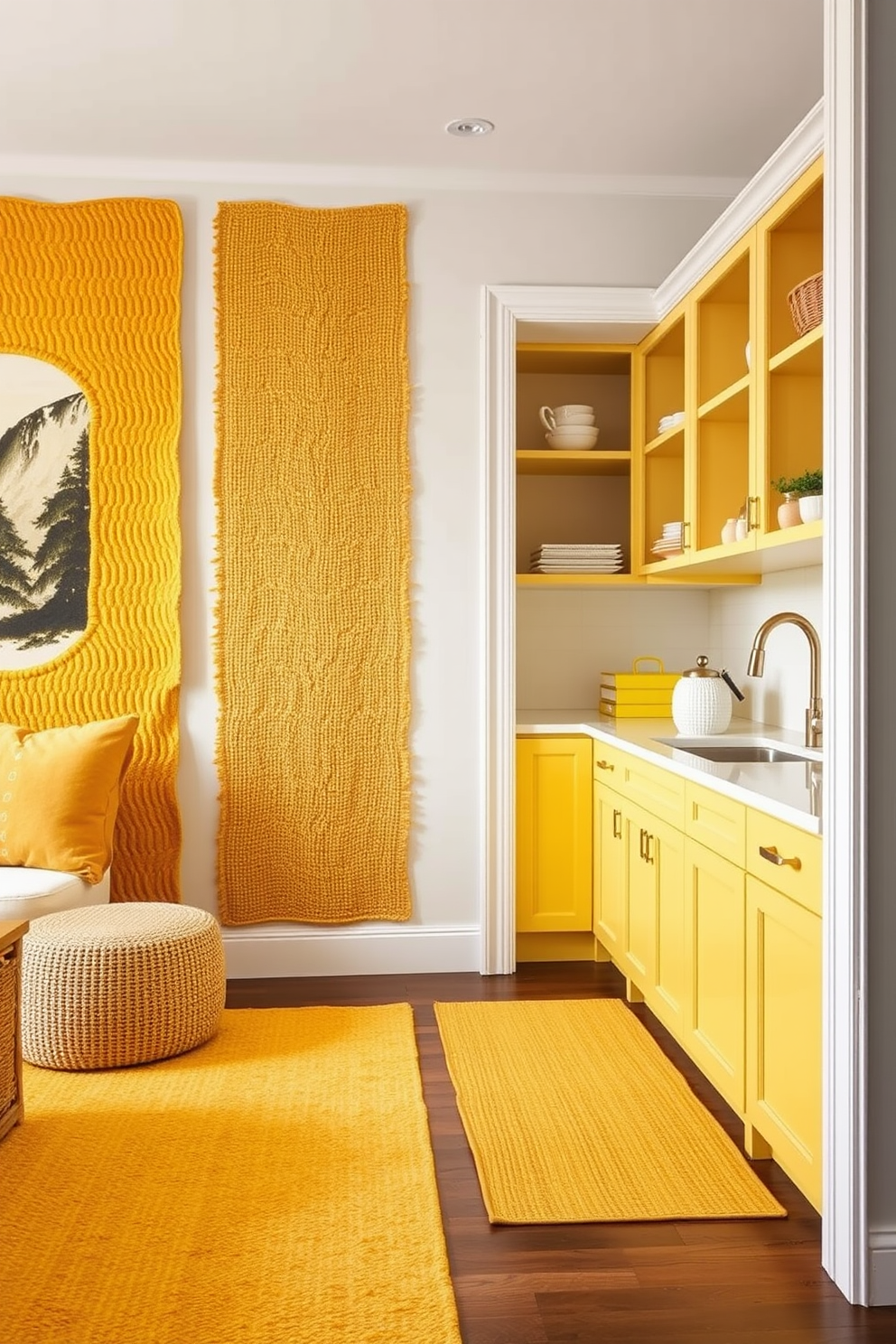 Layered yellow rugs create a warm and inviting atmosphere, adding depth and texture to the space. The vibrant hues of the rugs complement the surrounding decor, enhancing the overall aesthetic appeal. For the pantry design, envision a bright and cheerful space with yellow cabinetry and open shelving. The design incorporates functional storage solutions while maintaining a stylish and cohesive look.