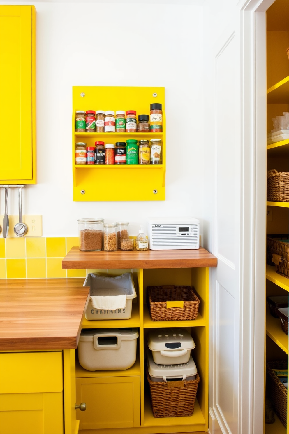 A bright yellow spice rack is neatly arranged on a white wall, showcasing an array of colorful spice jars and containers. Below the rack, a wooden countertop provides ample space for meal prep, complemented by a vibrant yellow backsplash that adds a cheerful touch to the kitchen. The pantry features open shelving painted in a matching bright yellow, creating a cohesive look for storage. Organized containers and baskets line the shelves, ensuring everything is easily accessible while maintaining a stylish and functional design.