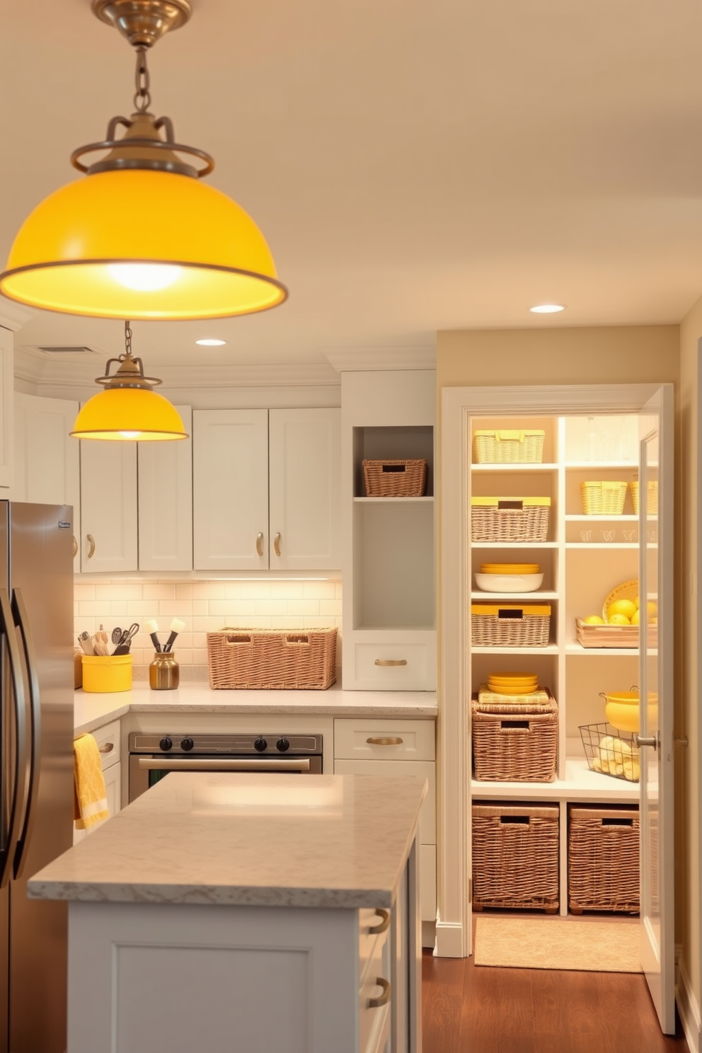 A cozy kitchen space featuring yellow lighting fixtures that cast a warm glow throughout the room. The fixtures are stylishly arranged above a central island, enhancing the inviting atmosphere. A spacious pantry designed with yellow accents, showcasing open shelving and wicker baskets for storage. The walls are painted in a soft cream color, complementing the cheerful yellow elements.