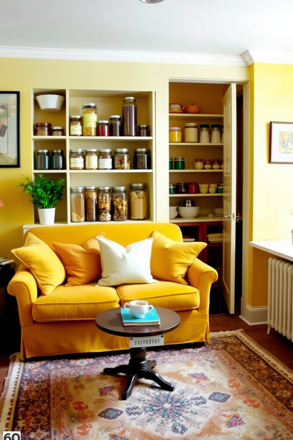 Create a cozy nook with soft yellow cushions arranged on a plush loveseat. A small round table sits in front, topped with a steaming cup of tea and a stack of books. Design a yellow pantry featuring open shelving filled with neatly organized jars and containers. The walls are painted a cheerful shade of yellow, and a vintage rug adds warmth to the space.